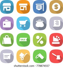 flat vector icon set - shop vector, signboard, dollar, wallet, cart, purse, shopping list, bag, sale, percent, cashbox, atm receipt, trolley, label, turk