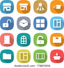 flat vector icon set - shop vector, share, delivery, unlock, box, window, door, arch, package, documents