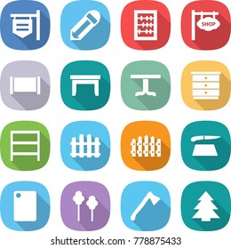 flat vector icon set - shop signboard vector, pencil, abacus, fence, table, chest of drawers, rack, cutting board, trees, axe, spruce