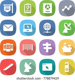 flat vector icon set - shop signboard vector, report, annual, graph, mail, notebook, globe connect, satellite antenna, server, bar code, singlepost, reception, stairs, browser window, do not disturb
