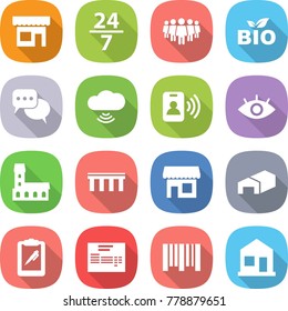 flat vector icon set - shop vector, 24 7, team, bio, discussion, cloud wireless, pass card, eye, mansion, bridge, warehouse, clipboard pen, invoice, bar code, home