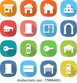 flat vector icon set - shop vector, home, mansion, house with garage, door, plan, arch, key, do not distrub, welcome mat