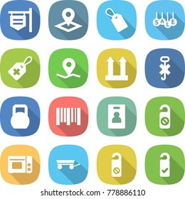 flat vector icon set - shop signboard vector, pointer, label, sale, medical, geo pin, cargo top sign, do not hook, heavy, bar code, identity card, distrub, grill oven, trailer, please clean