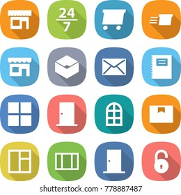 flat vector icon set - shop vector, 24 7, delivery, box, mail, copybook, window, door, arch, package, unlock