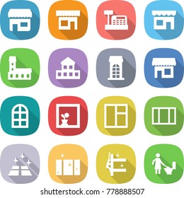 flat vector icon set - shop vector, cashbox, mansion, cottage, building, arch window, flower in, clean floor, skyscrapers cleaning, toilet