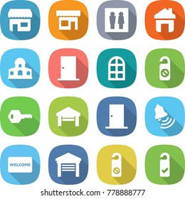 flat vector icon set - shop vector, wc, home, mansion, door, arch window, do not distrub, key, garage, bell, welcome mat, please clean