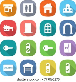 flat vector icon set - shop vector, wc, home, mansion, house with garage, door, arch window, key, do not distrub, fridge, welcome mat, please clean