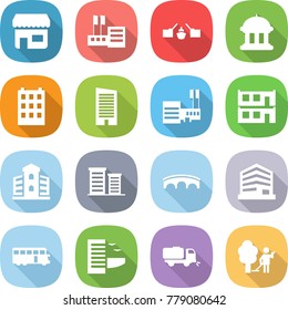 flat vector icon set - shop vector, store, drawbridge, goverment house, building, skyscraper, mall, modular, district, bridge, office, bus, hotel, sweeper, garden cleaning