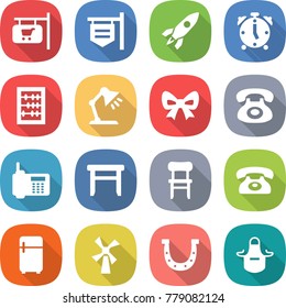 flat vector icon set - shop signboard vector, rocket, alarm clock, abacus, table lamp, bow, phone, stool, chair, fridge, windmill, horseshoe, apron