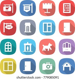 flat vector icon set - shop signboard vector, billboard, abacus, building, window, door, arch, detector, dog, dresser, camera, barn