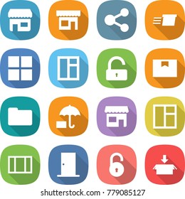 flat vector icon set - shop vector, share, delivery, window, unlock, package box, documents, door