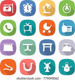 flat vector icon set - shop signboard vector, alarm clock, table lamp, rocket, phone, tv, baby stroller, curtain, stool, kettle, walnut crack, horseshoe, windmill, apron