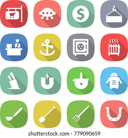 flat vector icon set - shop signboard vector, ufo, dollar coin, loading crane, customs control, anchor, safe, radiator, stands for knives, magnet, ladle, robot, shovel, fork, horseshoe