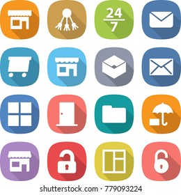 flat vector icon set - shop vector, share, 24 7, mail, delivery, box, window, door, documents, unlocked, unlock