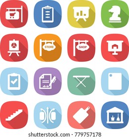 flat vector icon set - shop signboard vector, clipboard, presentation, chess horse, store, check, inventory, iron board, cutting, stairs, magnetic field, utility room