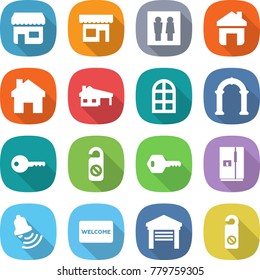flat vector icon set - shop vector, wc, home, house with garage, arch window, key, do not distrub, fridge, bell, welcome mat