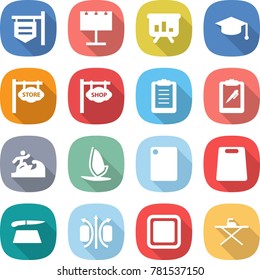 flat vector icon set - shop signboard vector, billboard, presentation, graduate hat, store, clipboard, pen, surfer, windsurfing, cutting board, magnetic field, iron