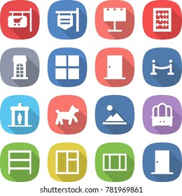 flat vector icon set - shop signboard vector, billboard, abacus, building, window, door, vip fence, detector, dog, landscape, dresser, rack