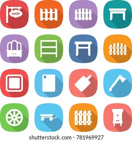 flat vector icon set - shop signboard vector, fence, table, dresser, rack, stool, cutting board, axe, wheel, trailer, hive