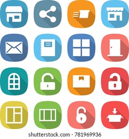 flat vector icon set - shop vector, share, delivery, mail, copybook, window, door, arch, unlock, package box, unlocked