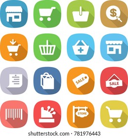 flat vector icon set - shop vector, cart, basket, dollar arrow, add to, shopping list, bag, sale label, bar code, cashbox, store signboard