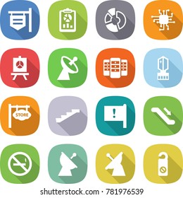 flat vector icon set - shop signboard vector, report, circle diagram, chip, presentation, satellite antenna, server, crystall memory, store, stairs, important flag, escalator, no smoking