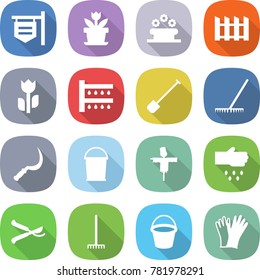 flat vector icon set - shop signboard vector, flower, bed, fence, perishable, watering, shovel, rake, sickle, bucket, scarecrow, sow, pruner, gloves