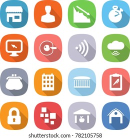 flat vector icon set - shop vector, man, crisis, stopwatch, monitor arrow, cell corection, wireless, cloud, purse, building, airport, clipboard pen, locked, blocks, warehouse, barn