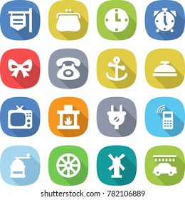 flat vector icon set - shop signboard vector, purse, clock, alarm, bow, phone, anchor, service bell, tv, fireplace, plug, mobile, hand mill, wheel, windmill, car wash