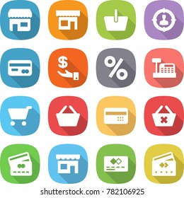 flat vector icon set - shop vector, basket, target audience, card, investment, percent, cashbox, cart, credit, delete