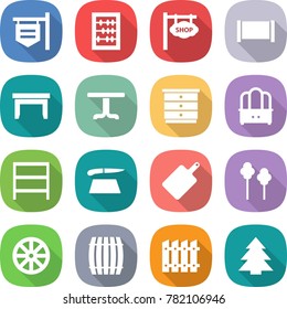 flat vector icon set - shop signboard vector, abacus, fence, table, chest of drawers, dresser, rack, cutting board, trees, wheel, barrel, spruce