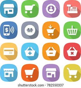 flat vector icon set - shop vector, cart, target audience, cashbox, phone pay, crypto currency, add to, basket, credit card, remove from, delete