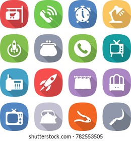 flat vector icon set - shop signboard vector, call, alarm clock, table lamp, rocket, purse, phone, tv, curtain, dresser, kettle, walnut crack, sickle