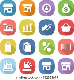 flat vector icon set - shop vector, target audience, money bag, cashbox, graph up, down arrow, basket, shopping, percent, bar code