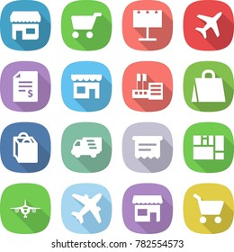flat vector icon set - shop vector, cart, billboard, plane, account balance, store, shopping bag, delivery, atm receipt, consolidated cargo, airplane