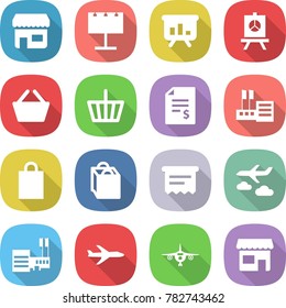 flat vector icon set - shop vector, billboard, presentation, basket, account balance, store, shopping bag, atm receipt, journey, mall, plane