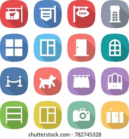 flat vector icon set - shop signboard vector, building, window, door, arch, vip fence, dog, curtain, dresser, rack, camera, clean