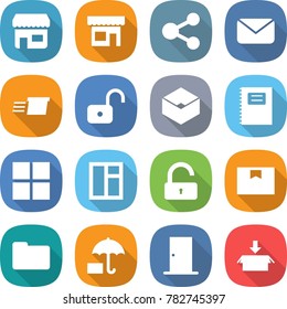 flat vector icon set - shop vector, share, mail, delivery, unlock, box, copybook, window, package, documents, insurance, door