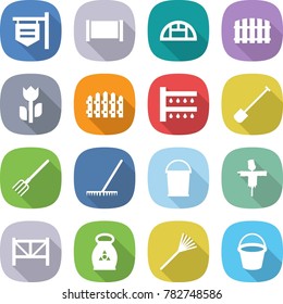 flat vector icon set - shop signboard vector, fence, greenhouse, perishable, watering, shovel, fork, rake, bucket, scarecrow, farm, fertilizer
