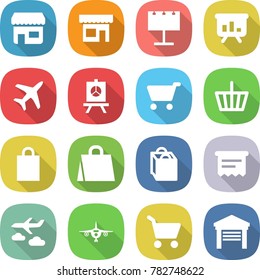 flat vector icon set - shop vector, billboard, presentation, plane, cart, basket, shopping bag, atm receipt, journey, garage