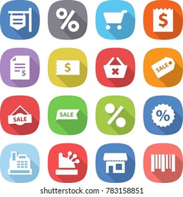 flat vector icon set - shop signboard vector, percent, cart, receipt, account balance, delete, sale label, cashbox, bar code