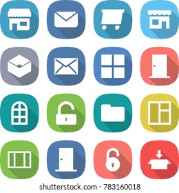 flat vector icon set - shop vector, mail, delivery, box, window, door, arch, unlock, documents, package