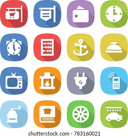 flat vector icon set - shop signboard vector, wallet, clock, alarm, abacus, anchor, service bell, tv, fireplace, plug, mobile phone, hand mill, cooking book, wheel, car wash