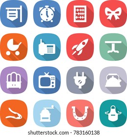 flat vector icon set - shop signboard vector, alarm clock, abacus, bow, baby stroller, phone, rocket, table, dresser, tv, plug, kettle, walnut crack, hand mill, horseshoe, apron