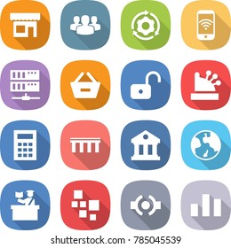 flat vector icon set - shop vector, group, around gear, phone wireless, server, remove from basket, unlock, cashbox, calculator, bridge, library, earth, inspector, blocks, connect, chart