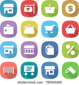 flat vector icon set - shop vector, signboard, basket, dollar, wallet, purse, cart, market, shopping bag, percent, bar code, delivery, label