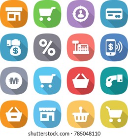 flat vector icon set - shop vector, cart, target audience, card, money gift, percent, cashbox, phone pay, crypto currency, basket, hand coin, remove from