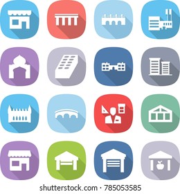 flat vector icon set - shop vector, bridge, mall, minaret, brick, school, district, gothic architecture, architector, greenhouse, garage, warehouse