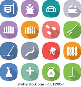 flat vector icon set - shop signboard vector, flower, greenhouse, bed, fence, seeds, fork, rake, sickle, wheelbarrow, pear, scarecrow, fertilizer