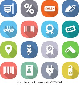 flat vector icon set - shop signboard vector, percent, sale, up down arrow, bar code, medal, ticket, geo pin, do not hook sign, label, identity card, plug, distrub